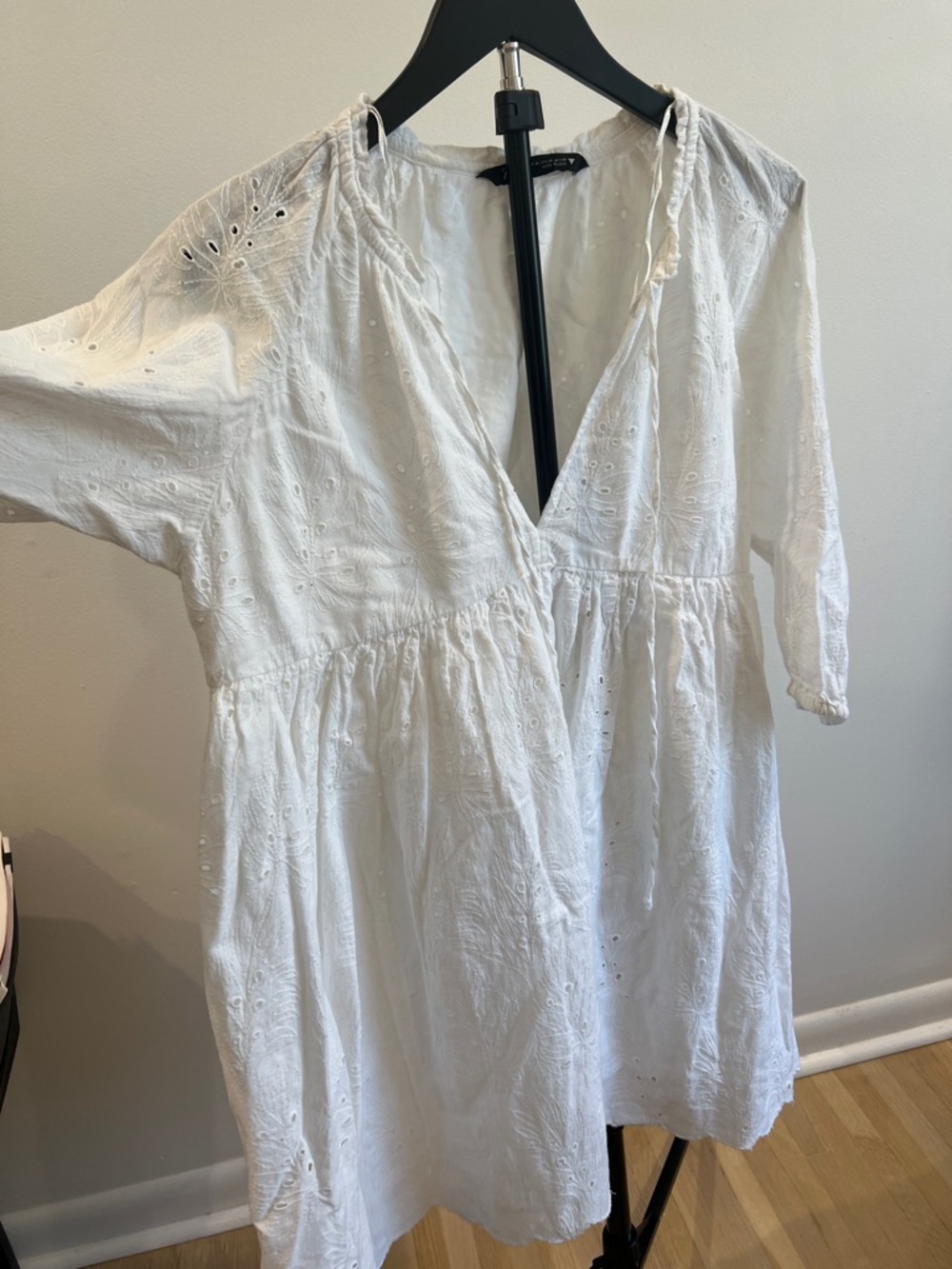 Zara White Eyelet V-Neck Babydoll Dress Cotton